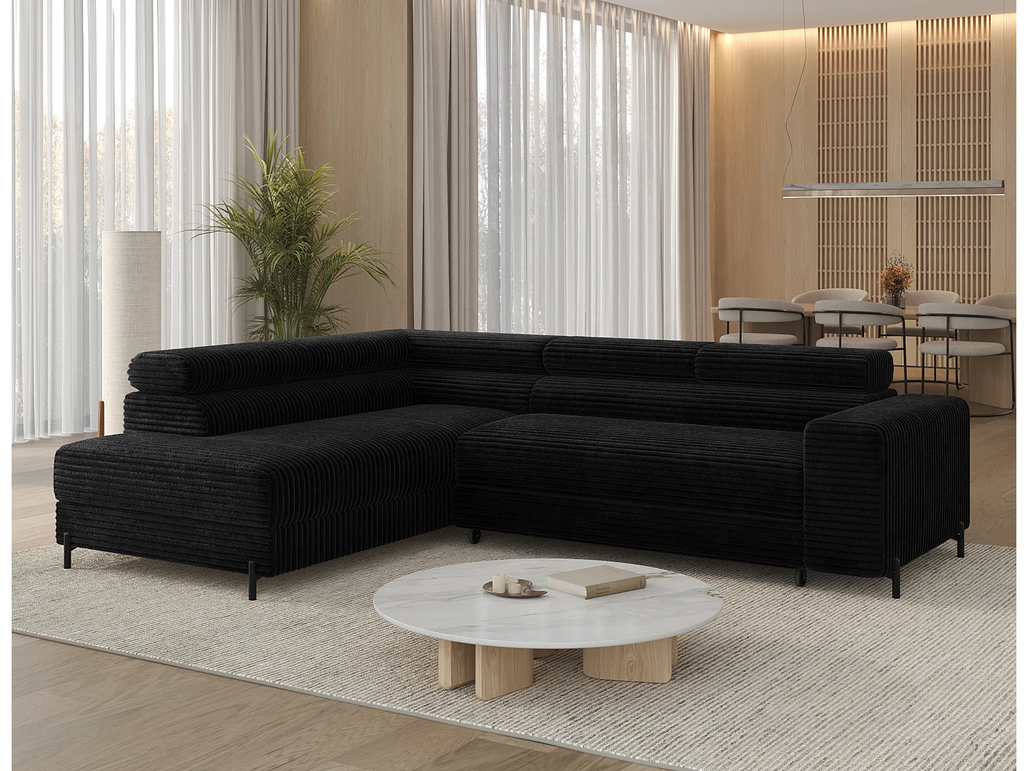 Canapé d’angle convertible KOLEZO en tissu côtelé avec coffre et têtières réglables – 274cm-Noir-angle gauche