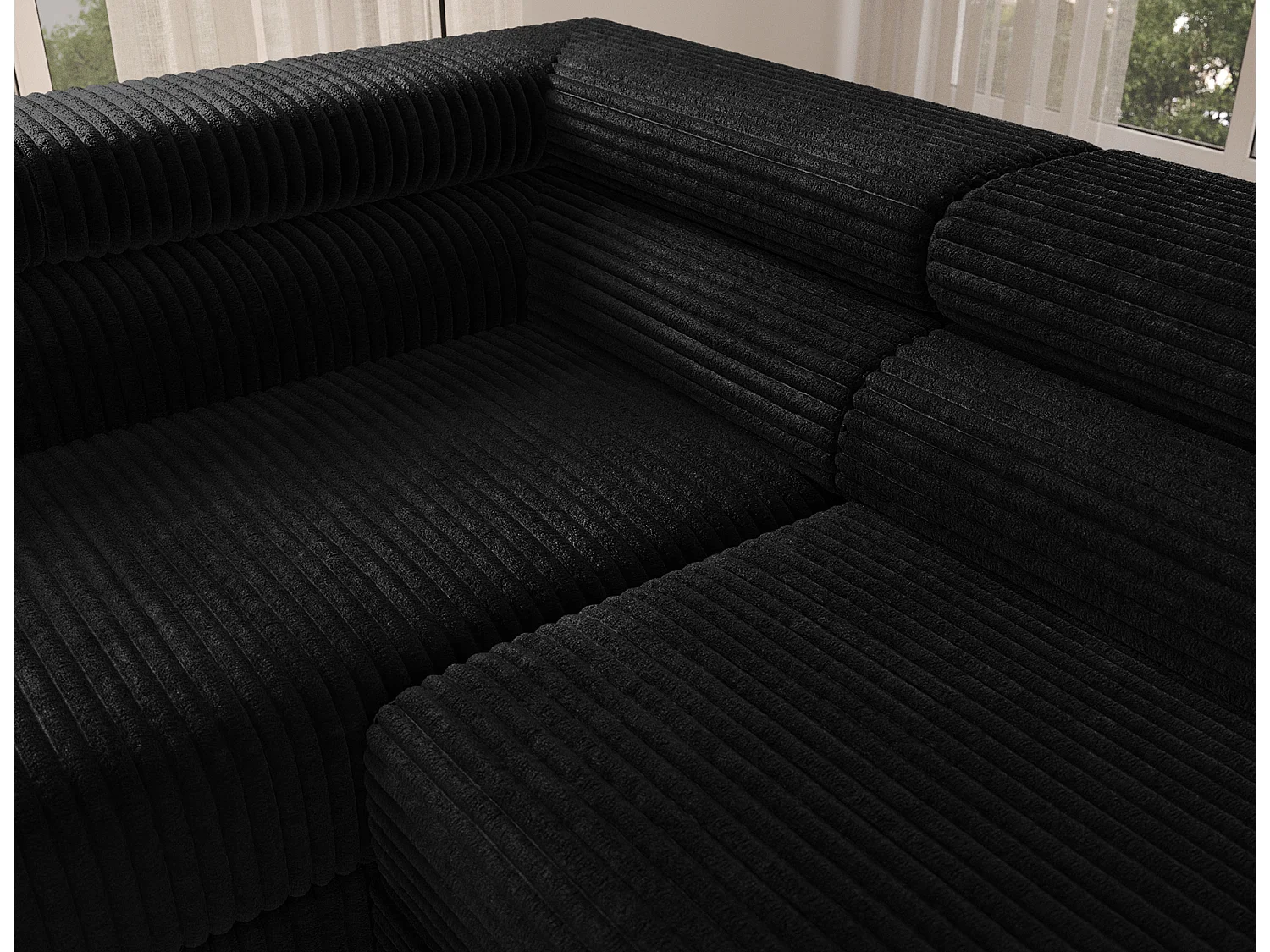 Canapé d’angle convertible KOLEZO en tissu côtelé avec coffre et têtières réglables – 274cm-Noir-angle gauche