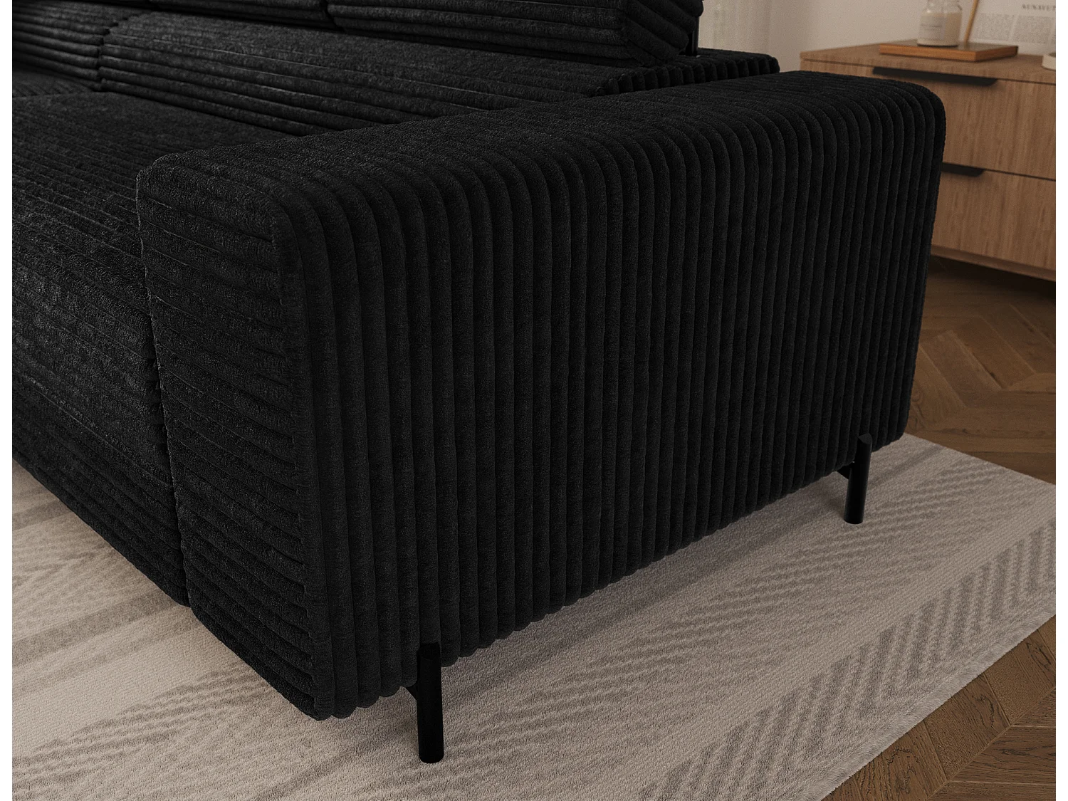 Canapé d’angle convertible KOLEZO en tissu côtelé avec coffre et têtières réglables – 274cm-Noir-angle gauche