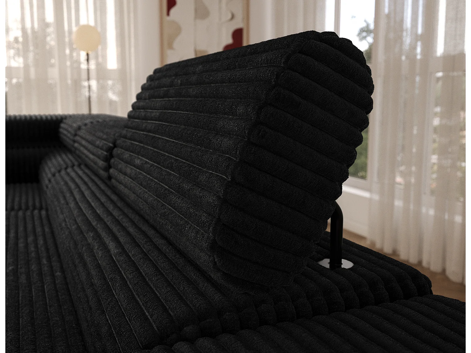 Canapé d’angle convertible KOLEZO en tissu côtelé avec coffre et têtières réglables – 274cm-Noir-angle gauche