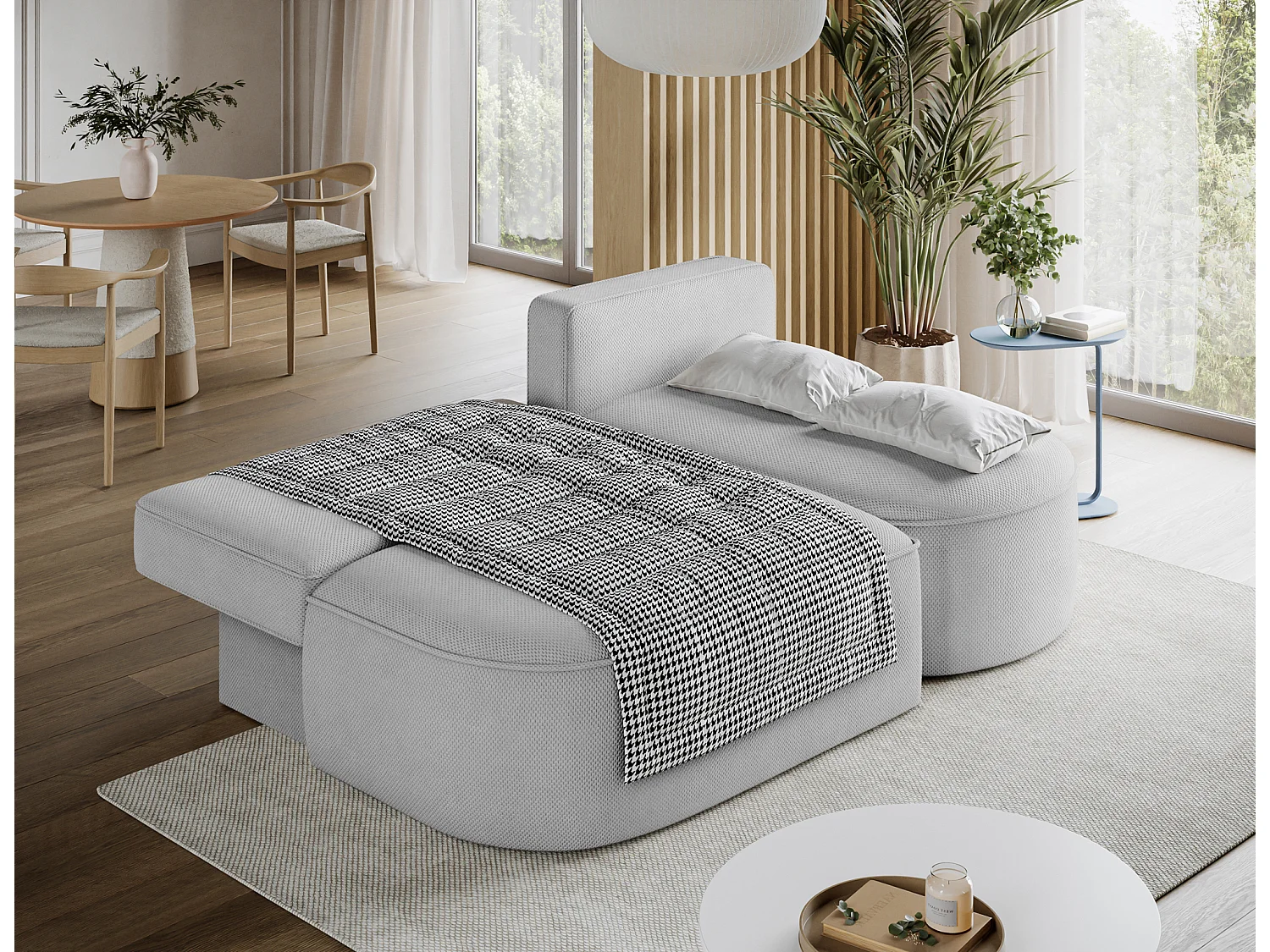 Canapé d’angle convertible VERNA en tissu – 220cm-Gris clair-angle droit