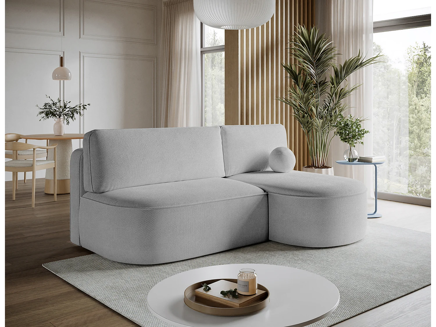 Canapé d’angle convertible VERNA en tissu – 220cm-Gris clair-angle droit