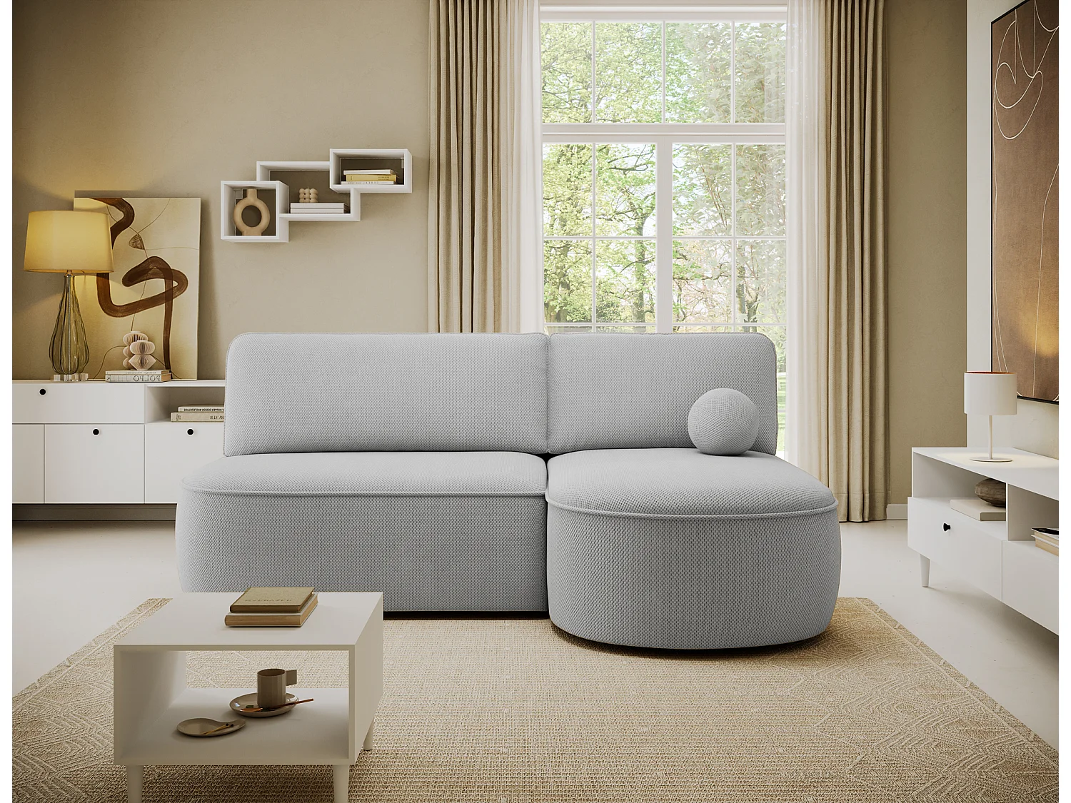 Canapé d’angle convertible VERNA en tissu – 220cm-Gris clair-angle droit