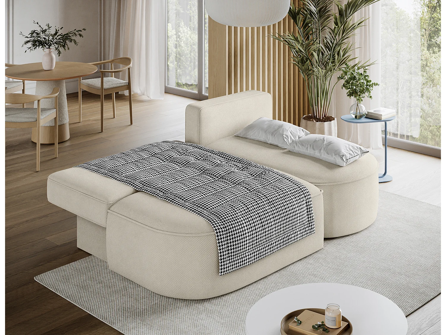 Canapé d’angle convertible VERNA en tissu – 220cm-Beige-angle droit