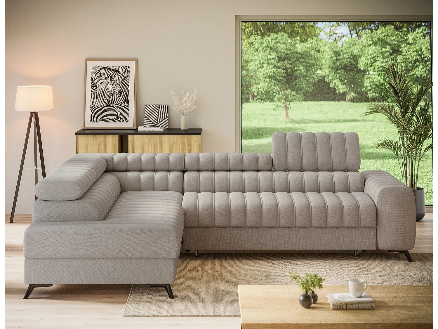 Canapé d’angle convertible KANDO en tissu texturé – 269cm-Taupe clair-angle gauche