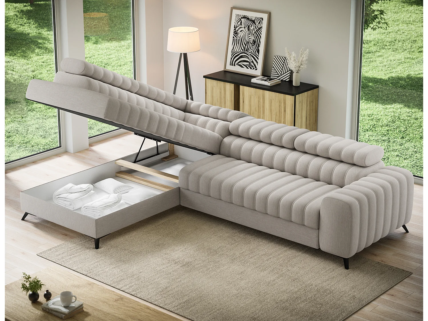 Canapé d’angle convertible KANDO en tissu texturé – 269cm-Taupe clair-angle gauche