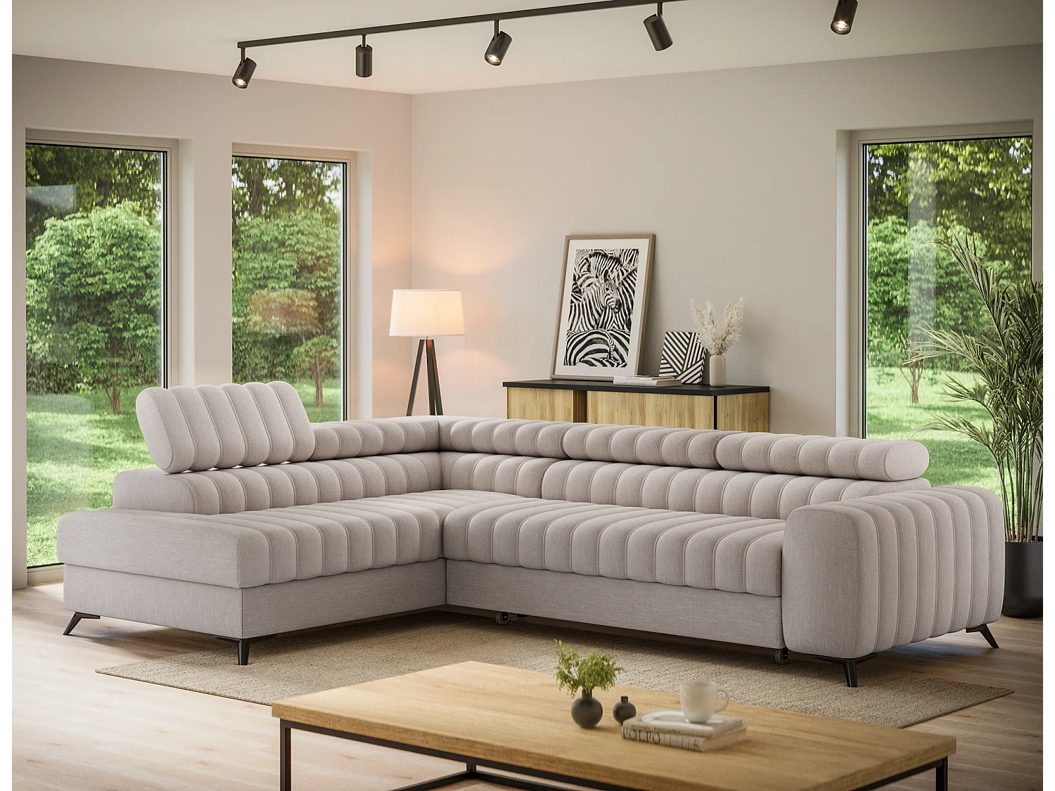 Canapé d’angle convertible KANDO en tissu texturé – 269cm-Taupe clair-angle gauche