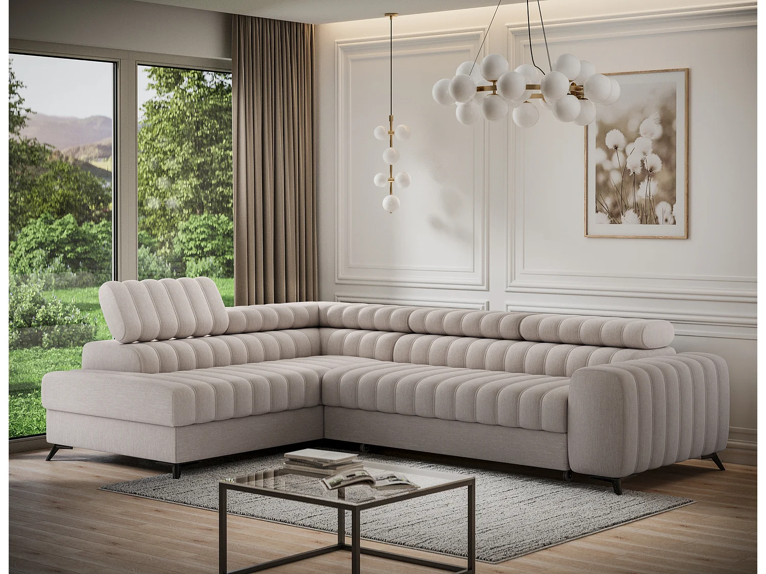 Canapé d’angle convertible KANDO en tissu texturé – 269cm-Taupe clair-angle gauche