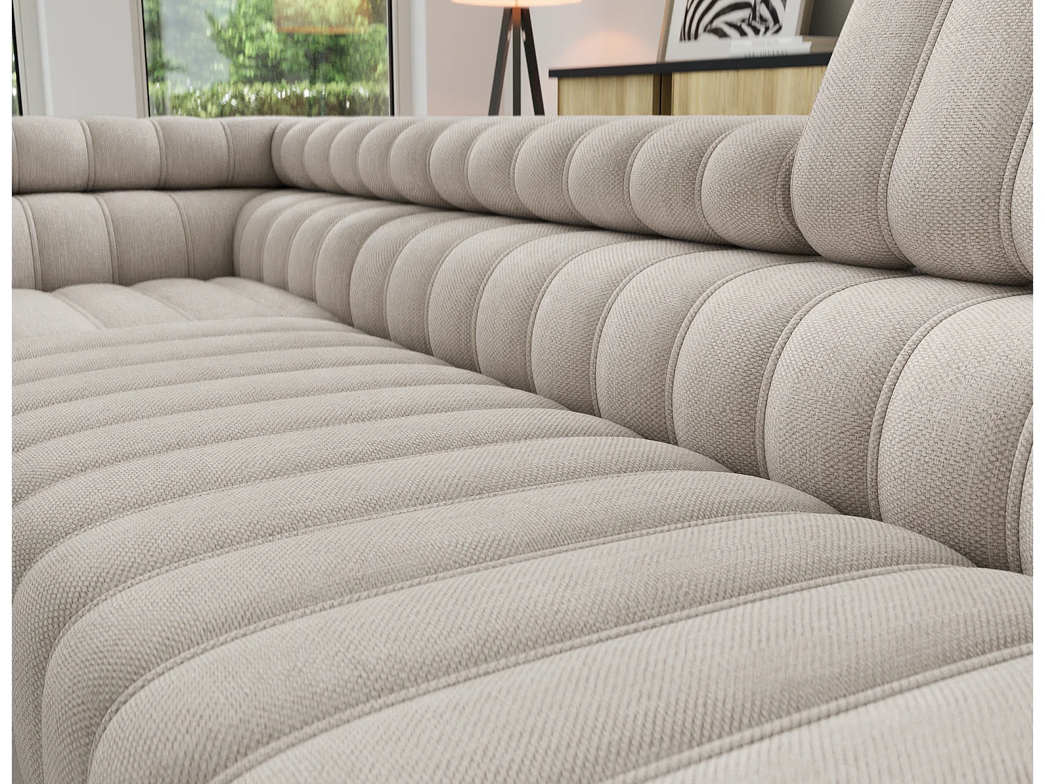 Canapé d’angle convertible KANDO en tissu texturé – 269cm-Taupe clair-angle gauche