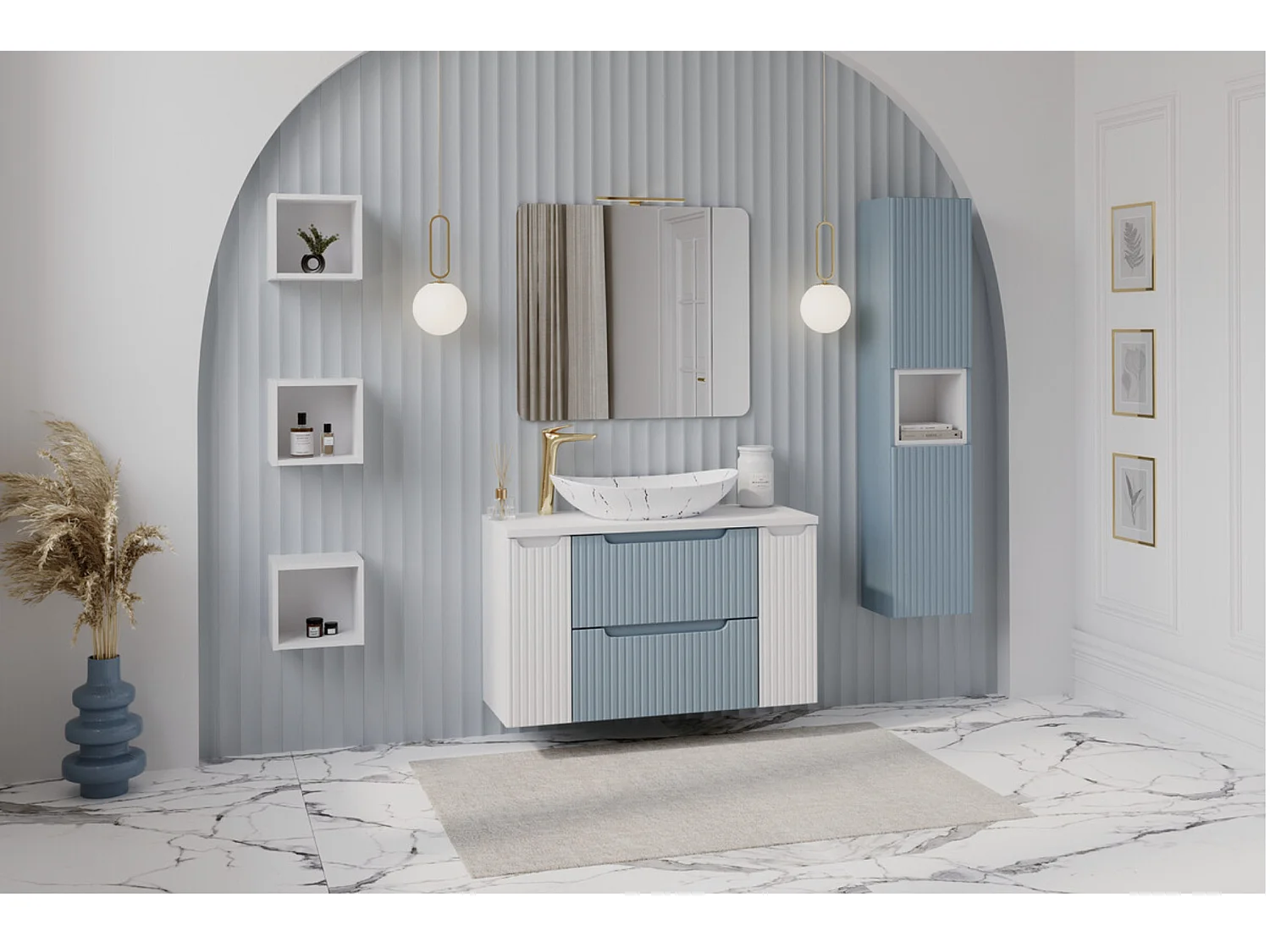 Mueble de pared NOVA de 100 cm con cesta para la ropa, unidad de 2 cajones y encimera.-