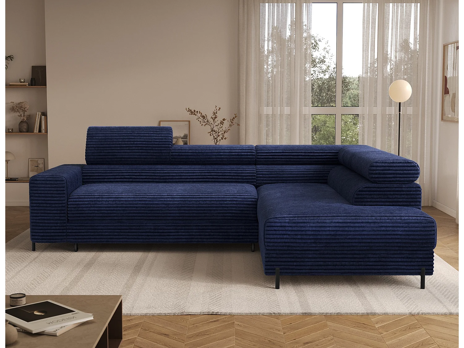 Canapé d'angle droit convertible 5 places avec coffre en tissu côtelé bleu KOLEZO