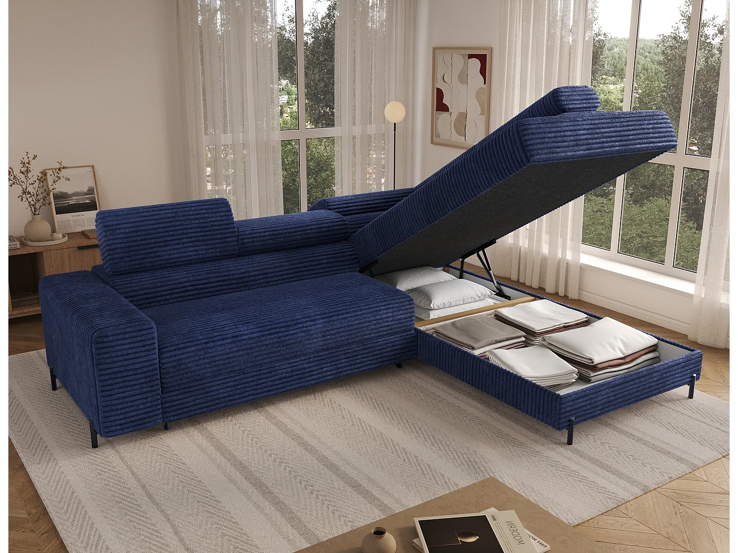 Canapé d'angle droit convertible 5 places avec coffre en tissu côtelé bleu KOLEZO