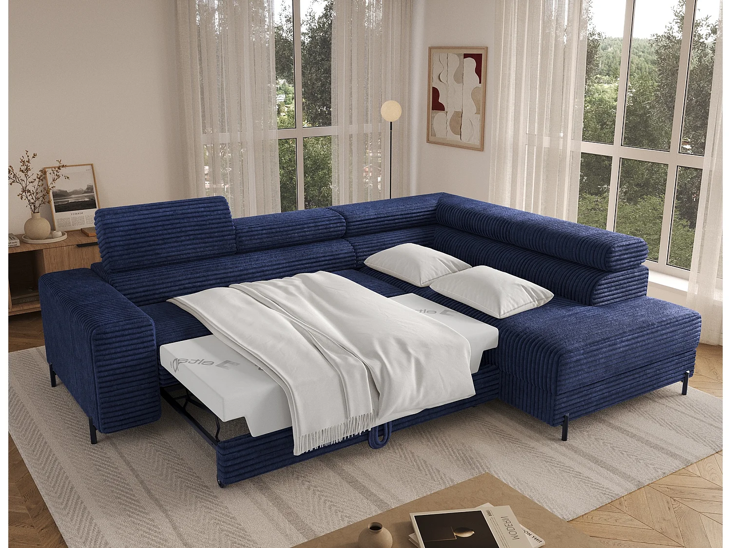 Canapé d'angle droit convertible 5 places avec coffre en tissu côtelé bleu KOLEZO