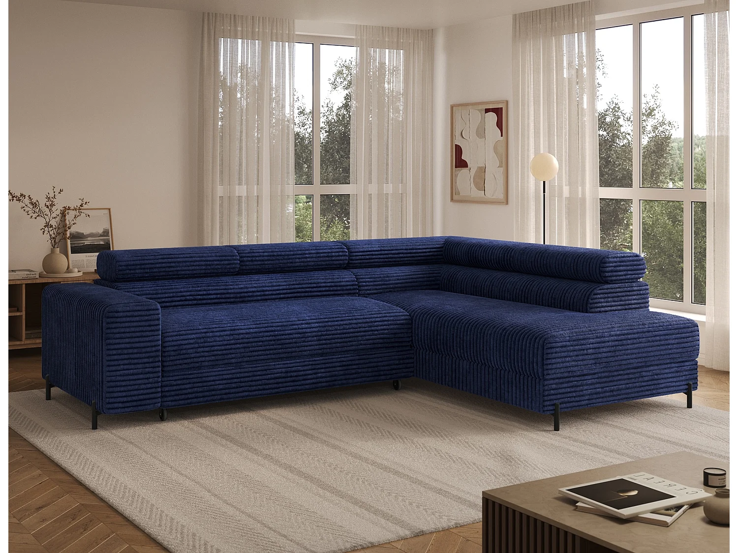 Canapé d'angle droit convertible 5 places avec coffre en tissu côtelé bleu KOLEZO