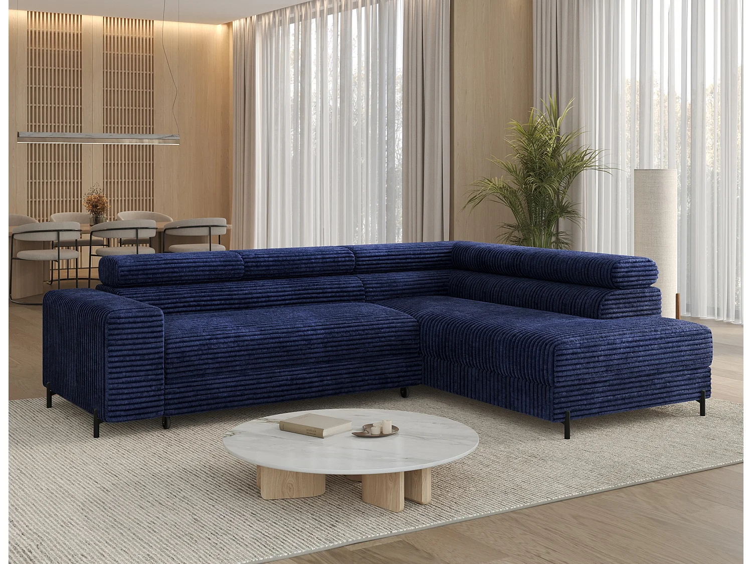 Canapé d'angle droit convertible 5 places avec coffre en tissu côtelé bleu KOLEZO
