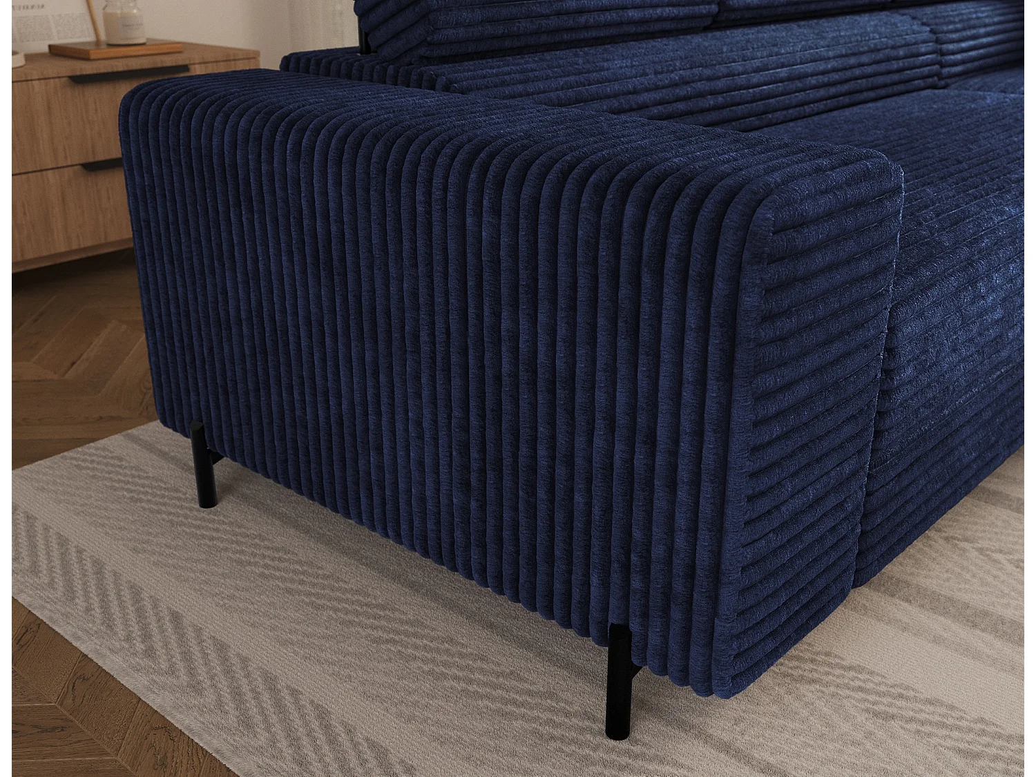 Canapé d'angle droit convertible 5 places avec coffre en tissu côtelé bleu KOLEZO
