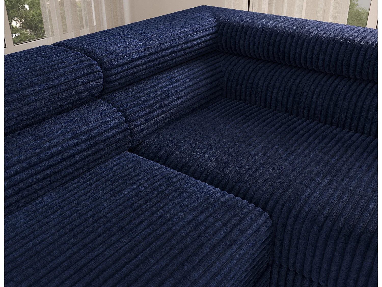 Canapé d'angle droit convertible 5 places avec coffre en tissu côtelé bleu KOLEZO