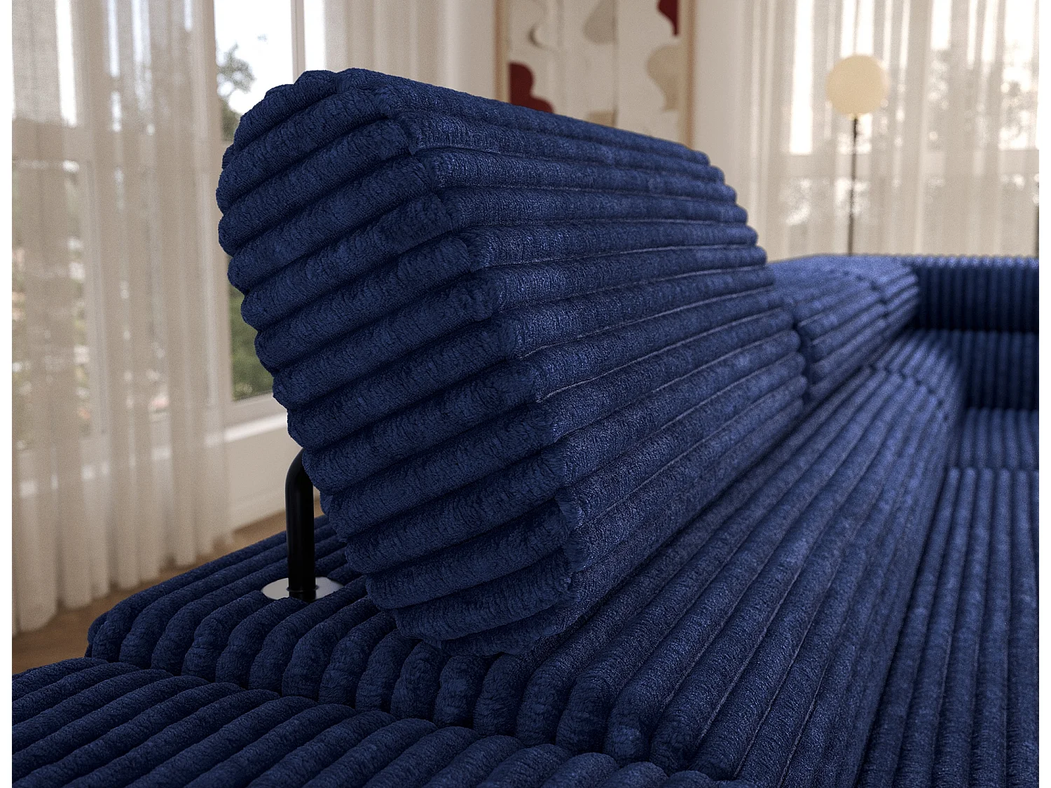 Canapé d'angle droit convertible 5 places avec coffre en tissu côtelé bleu KOLEZO
