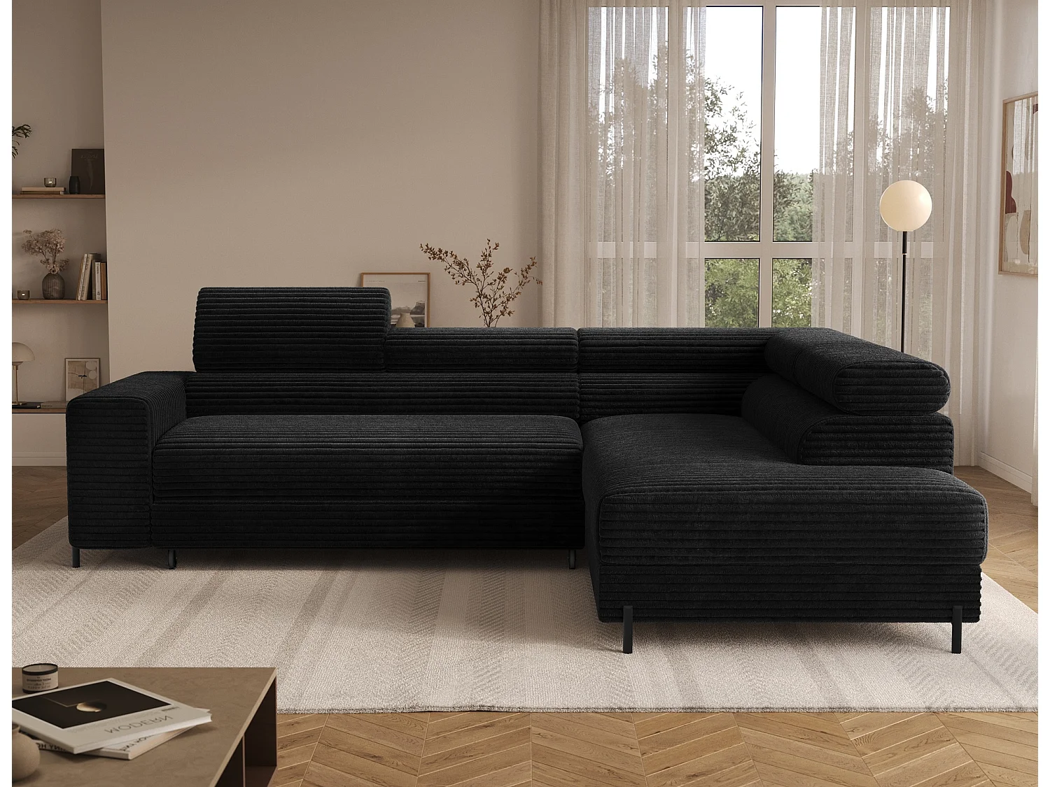 Canapé d’angle convertible KOLEZO en tissu côtelé avec coffre et têtières réglables – 274cm-Noir-angle droit