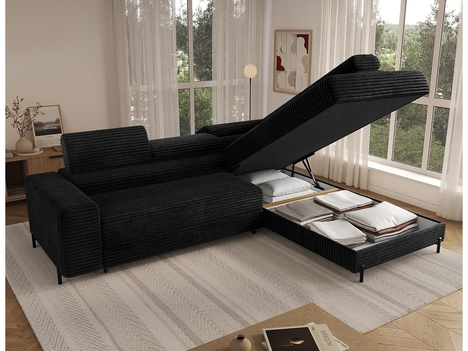 Canapé d’angle convertible KOLEZO en tissu côtelé avec coffre et têtières réglables – 274cm-Noir-angle droit