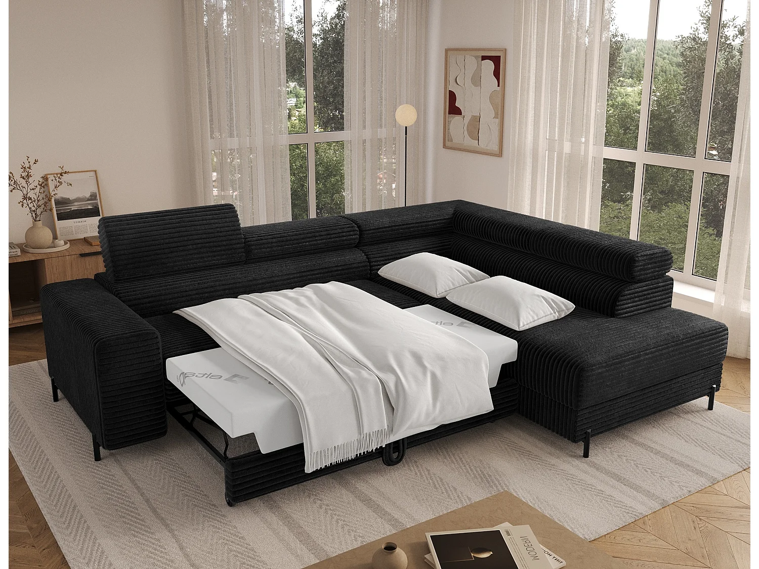 Canapé d’angle convertible KOLEZO en tissu côtelé avec coffre et têtières réglables – 274cm-Noir-angle droit