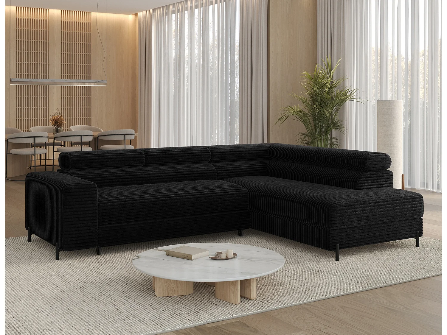 Canapé d’angle convertible KOLEZO en tissu côtelé avec coffre et têtières réglables – 274cm-Noir-angle droit