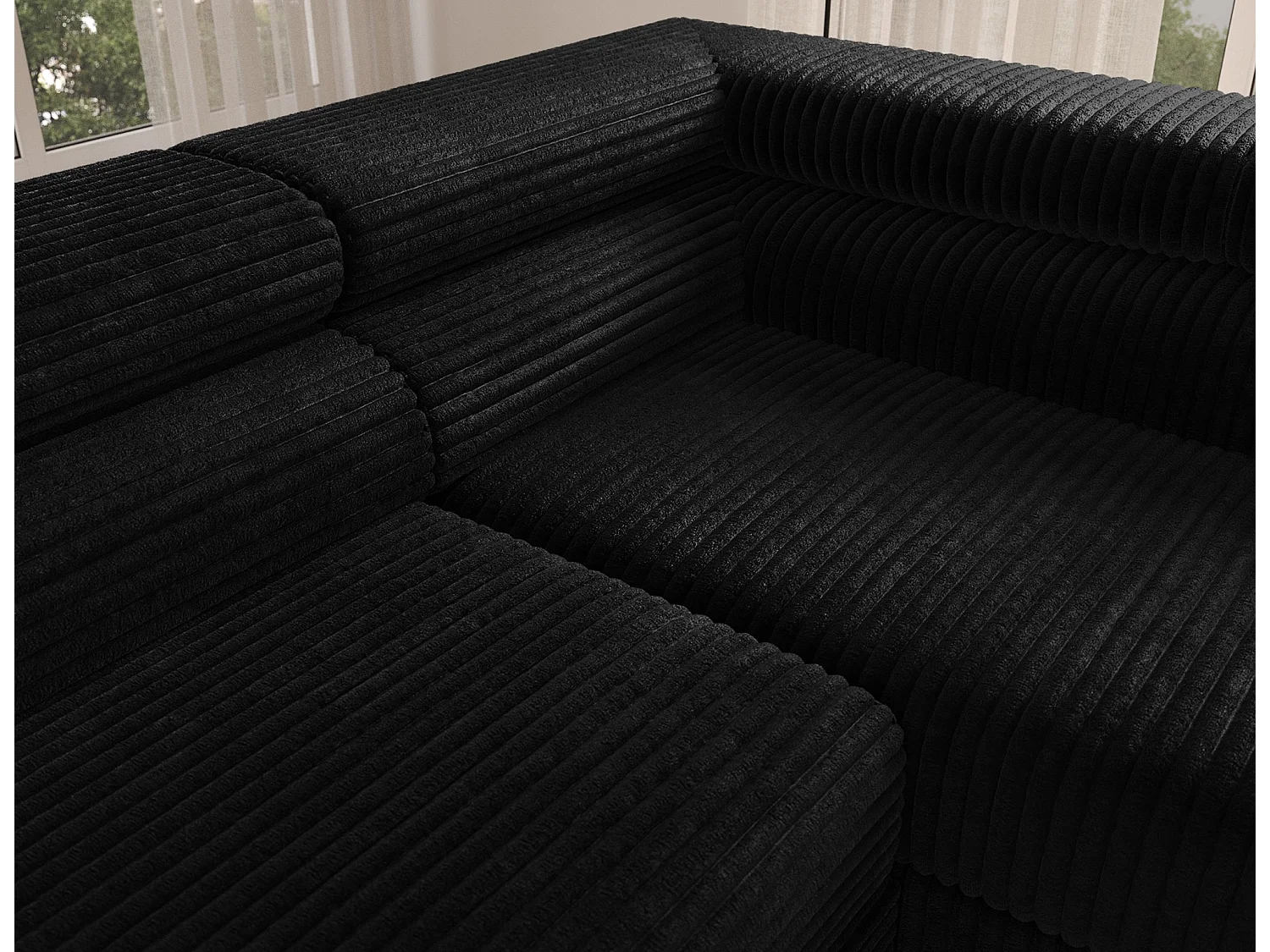 Canapé d’angle convertible KOLEZO en tissu côtelé avec coffre et têtières réglables – 274cm-Noir-angle droit
