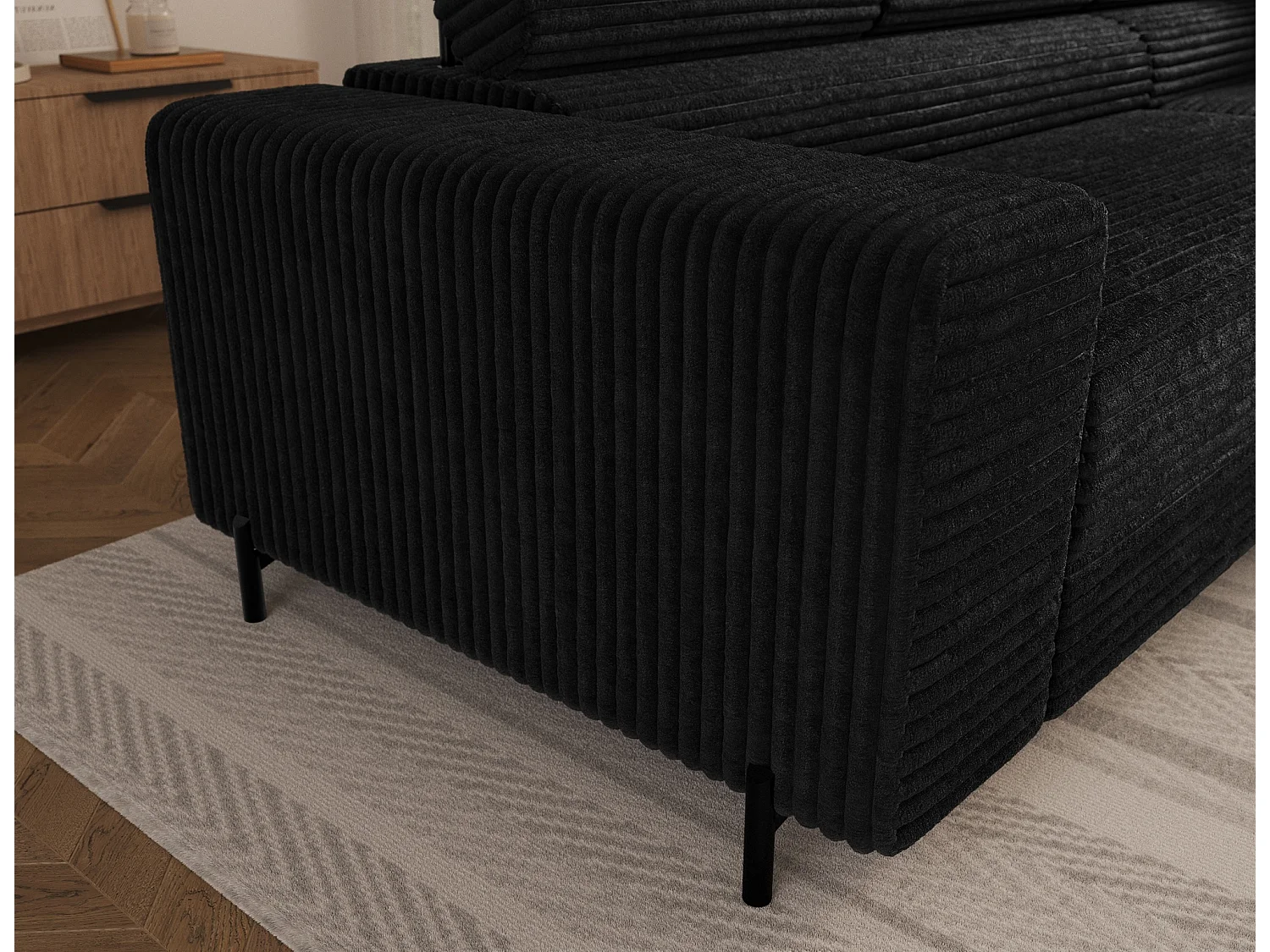 Canapé d’angle convertible KOLEZO en tissu côtelé avec coffre et têtières réglables – 274cm-Noir-angle droit