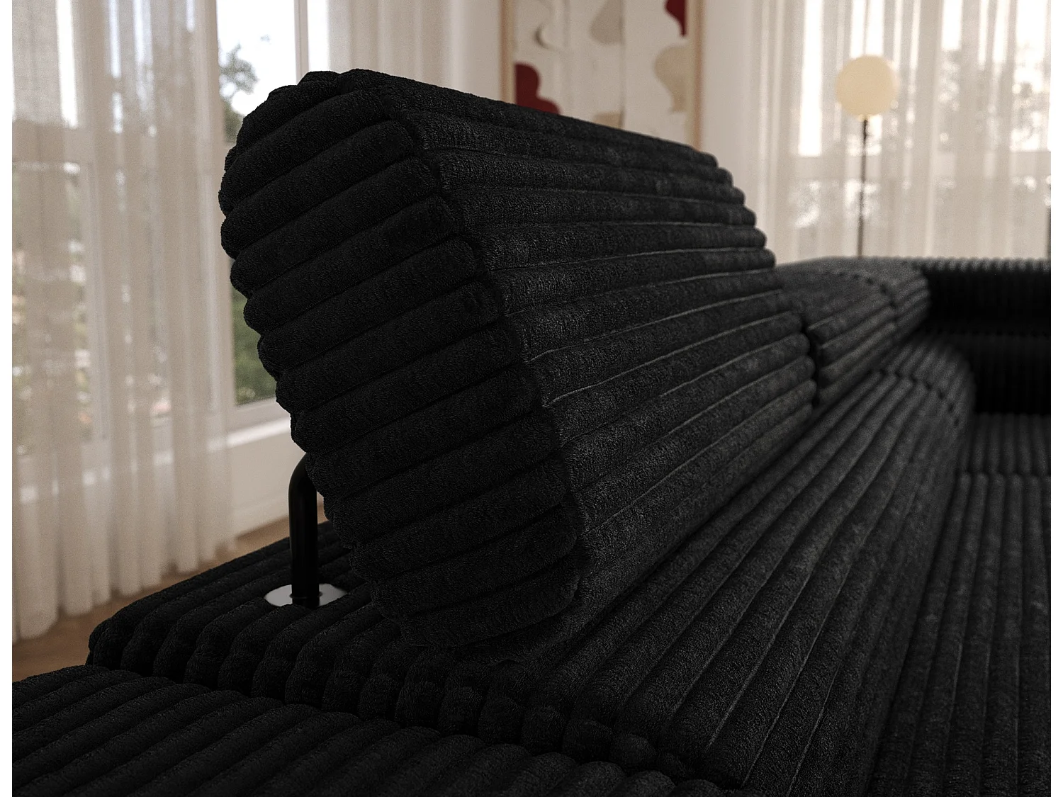 Canapé d’angle convertible KOLEZO en tissu côtelé avec coffre et têtières réglables – 274cm-Noir-angle droit