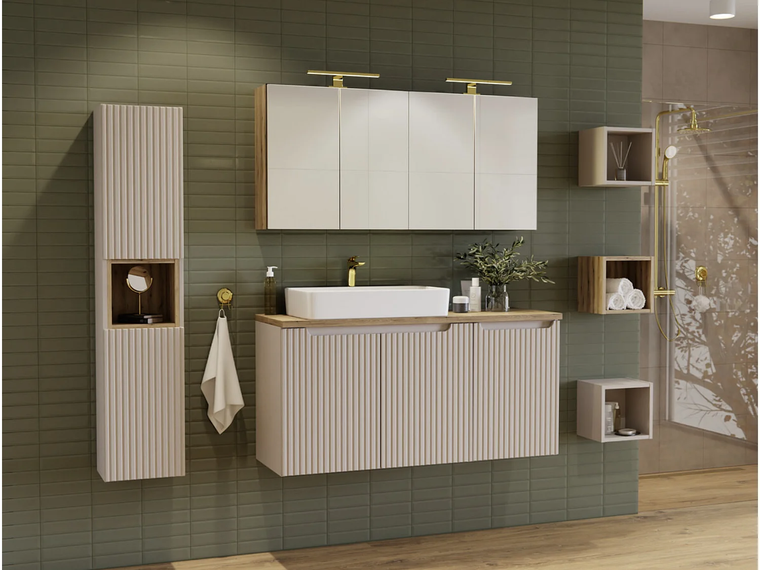 Meuble sous vasque suspendu 2 portes avec plan NOVA-Taupe-Plateau Blanc-Largeur 50 cm