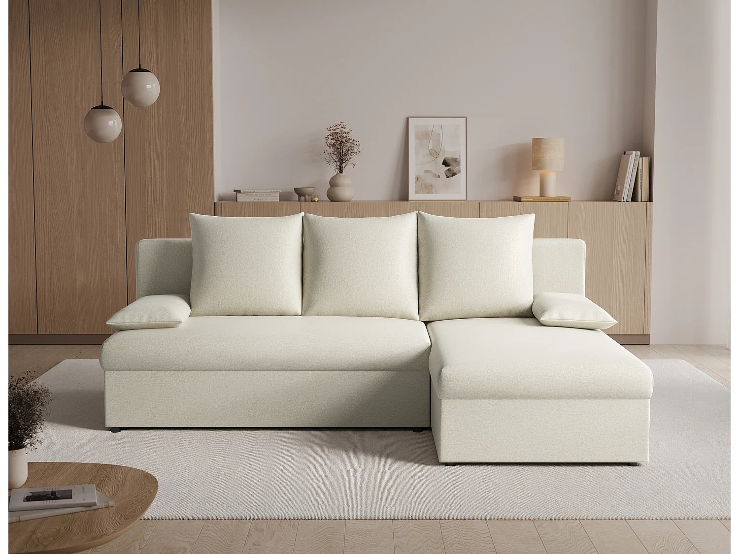 Canapé d’angle réversible convertible GARY en tissu côtelé – 206cm-Beige clair