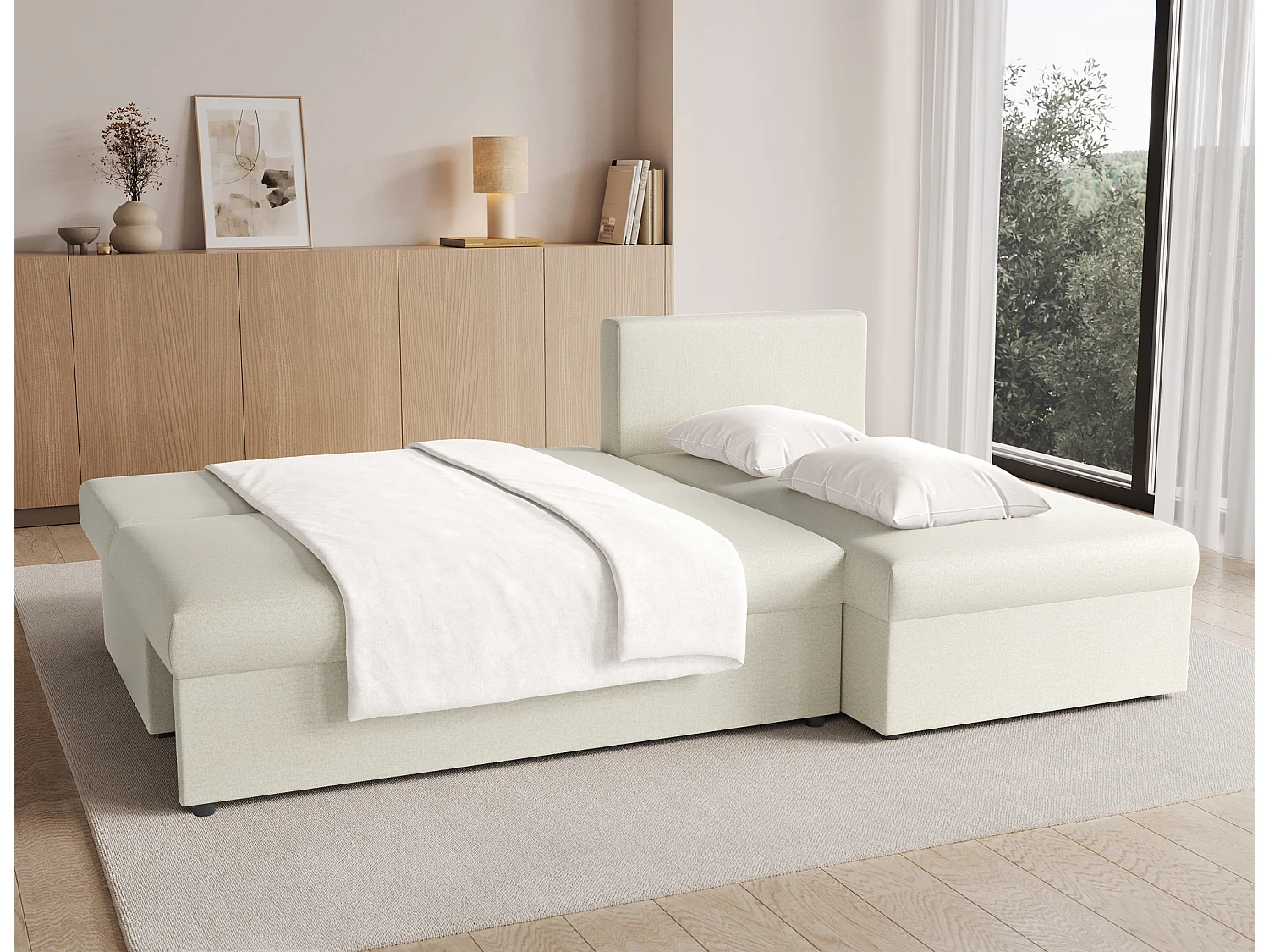 Canapé d’angle réversible convertible GARY en tissu côtelé – 206cm-Beige clair