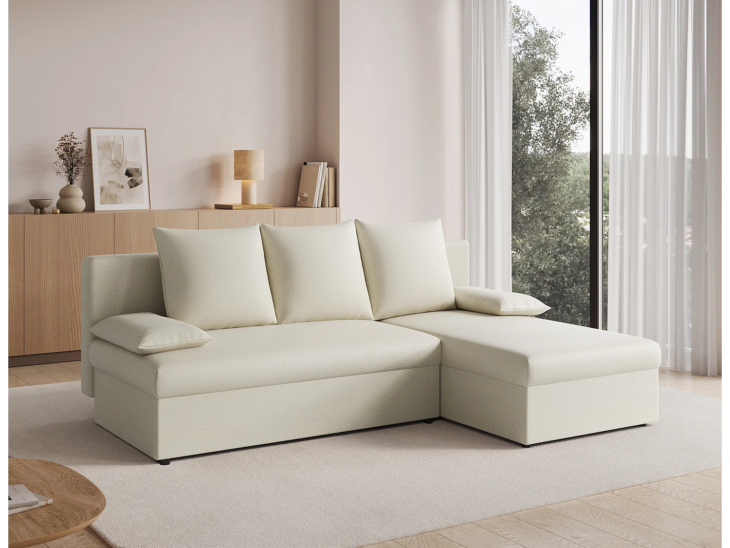 Canapé d’angle réversible convertible GARY en tissu côtelé – 206cm-Beige clair
