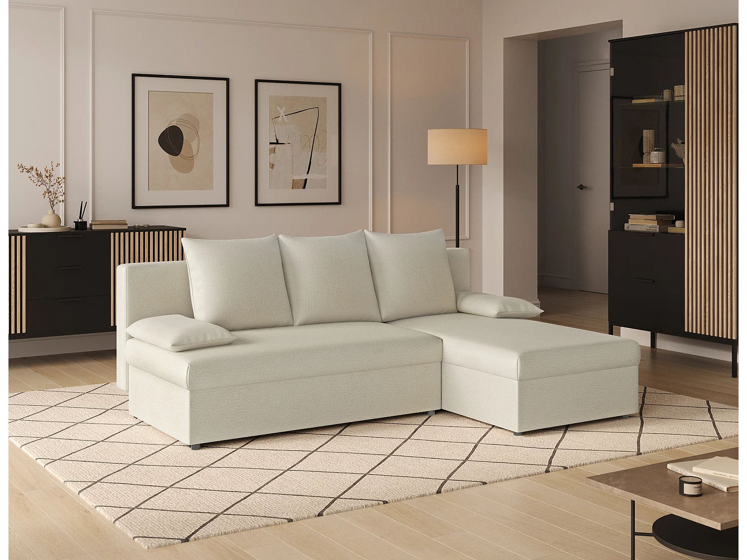 Canapé d’angle réversible convertible GARY en tissu côtelé – 206cm-Beige clair