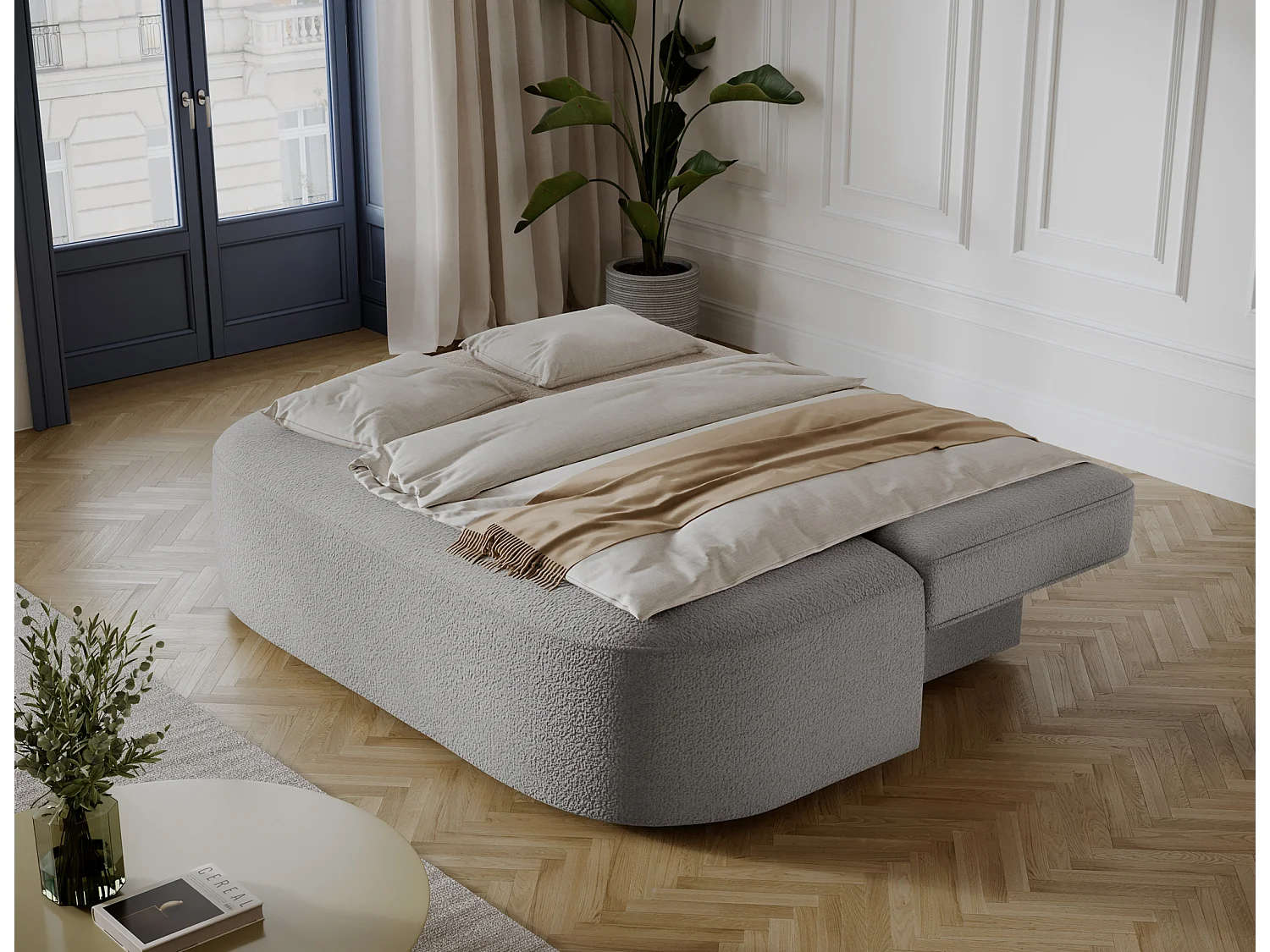 Canapé convertible 2 places KOURA tissu doux avec coffre – 193cm-Gris clair chiné