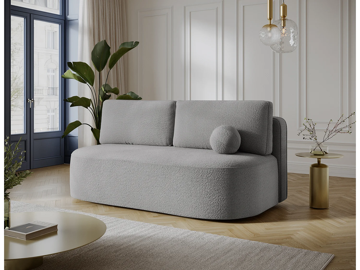 Canapé convertible 2 places KOURA tissu doux avec coffre – 193cm-Gris clair chiné