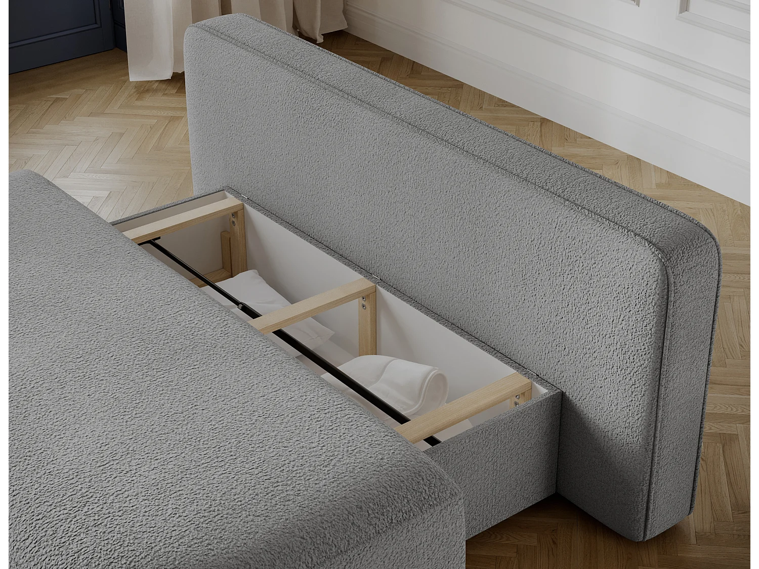 Canapé convertible 2 places KOURA tissu doux avec coffre – 193cm-Gris clair chiné
