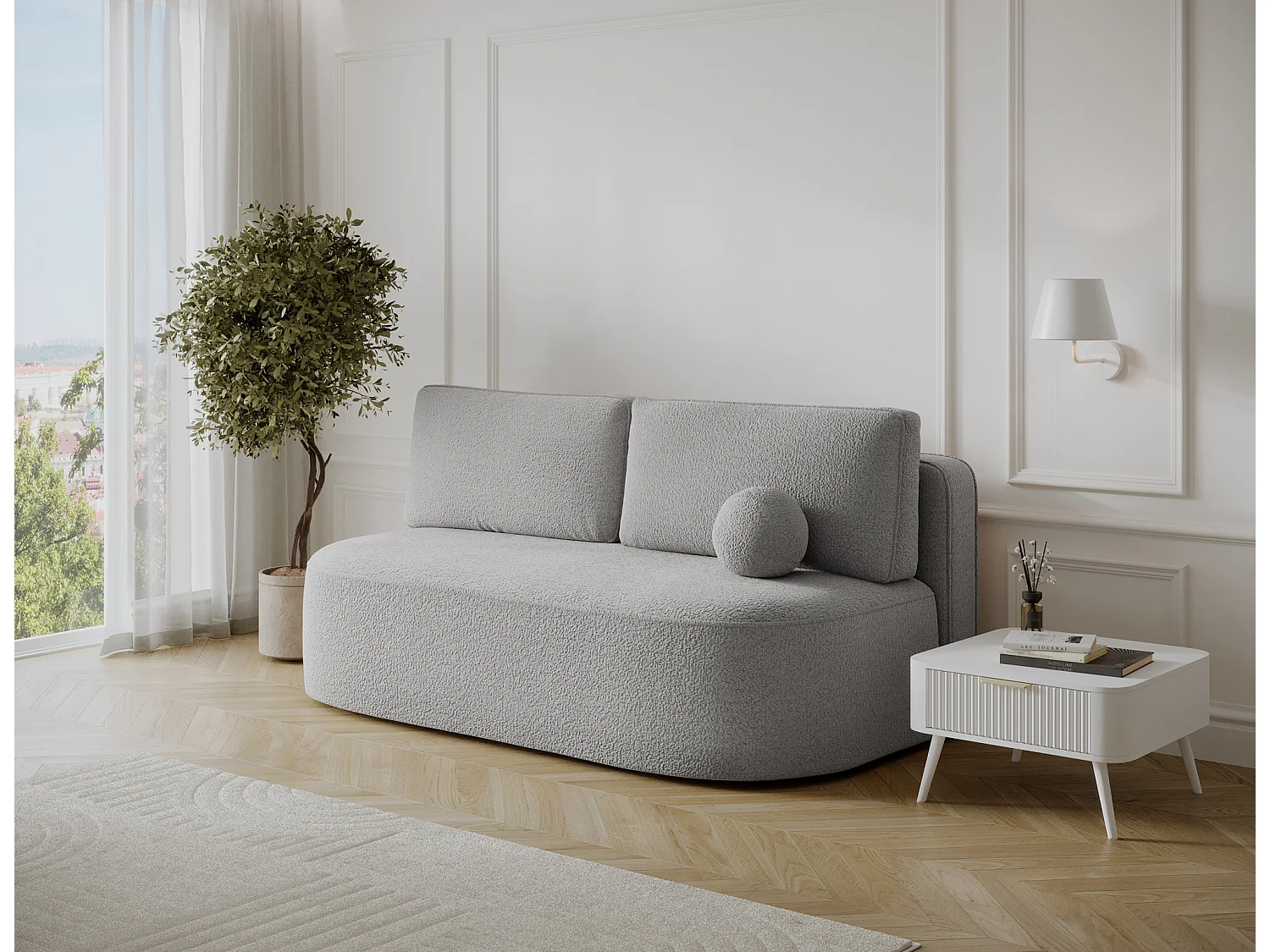 Canapé convertible 2 places KOURA tissu doux avec coffre – 193cm-Gris clair chiné