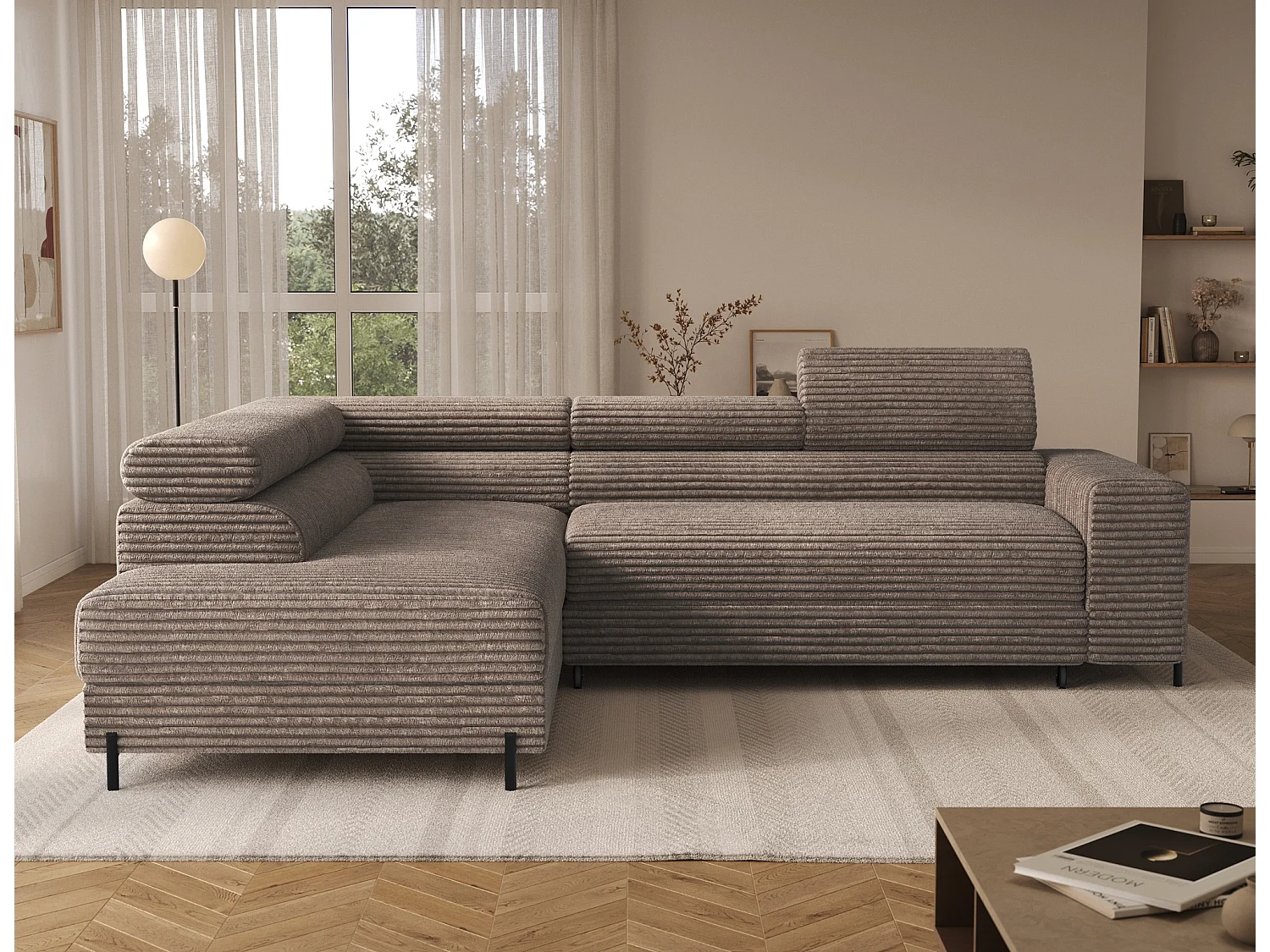 Canapé d’angle convertible KOLEZO en tissu côtelé avec coffre et têtières réglables – 274cm-Marron-angle gauche