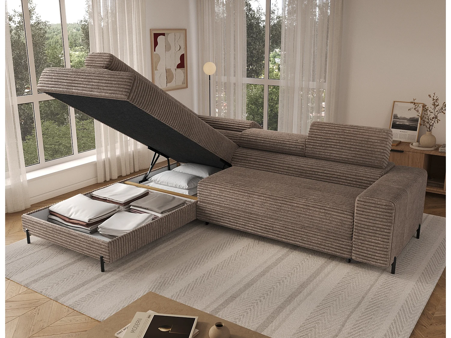 Canapé d’angle convertible KOLEZO en tissu côtelé avec coffre et têtières réglables – 274cm-Marron-angle gauche