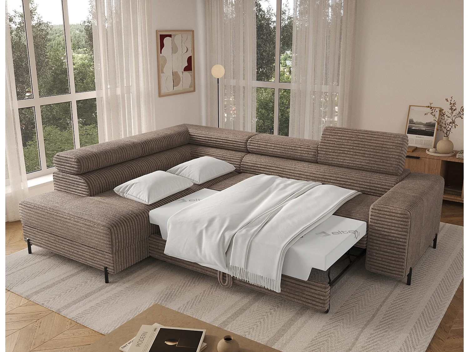 Canapé d’angle convertible KOLEZO en tissu côtelé avec coffre et têtières réglables – 274cm-Marron-angle gauche