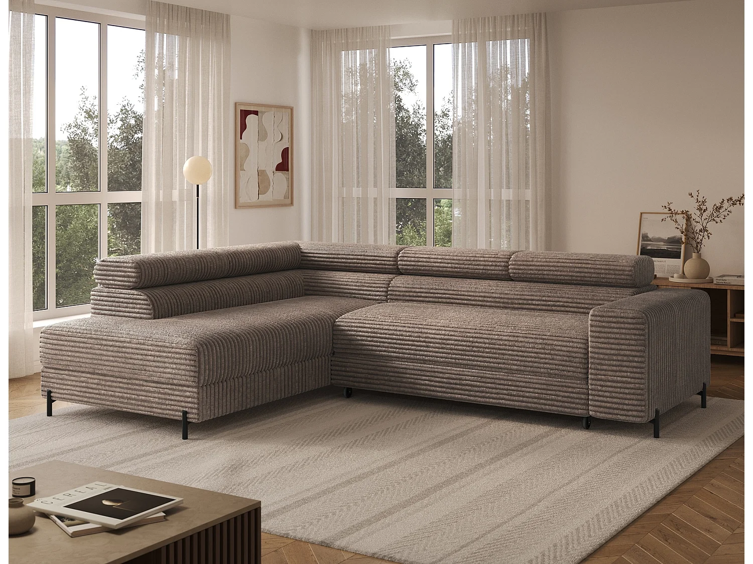 Canapé d’angle convertible KOLEZO en tissu côtelé avec coffre et têtières réglables – 274cm-Marron-angle gauche