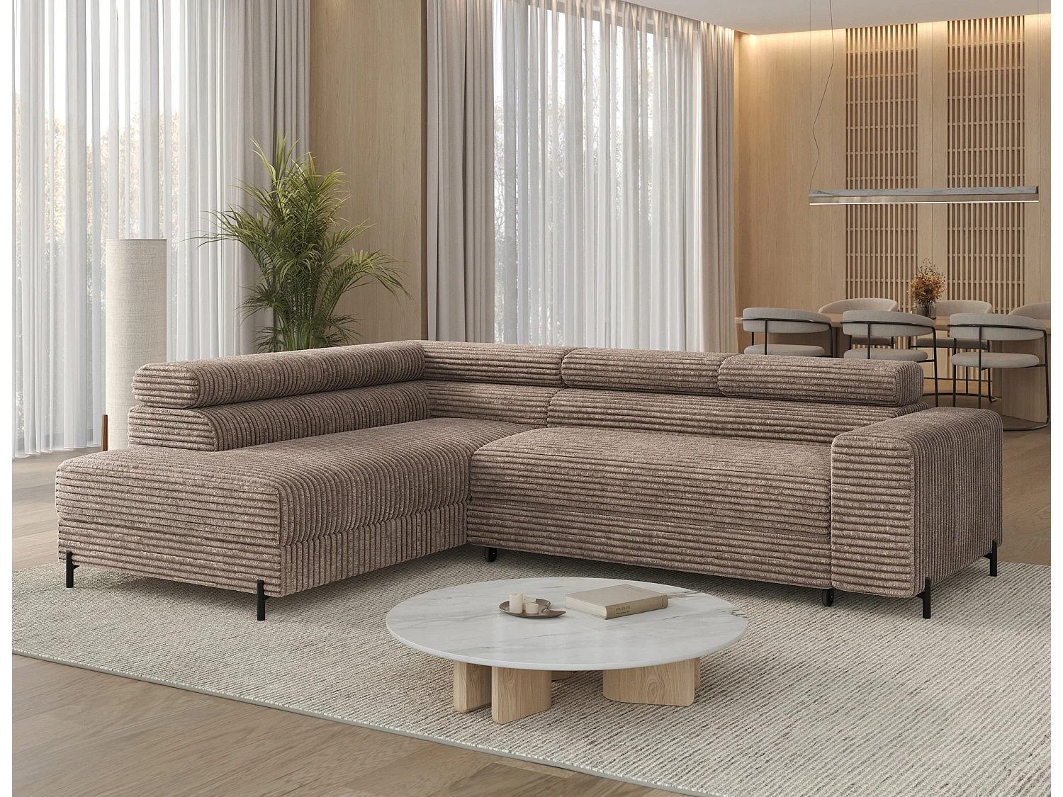 Canapé d’angle convertible KOLEZO en tissu côtelé avec coffre et têtières réglables – 274cm-Marron-angle gauche