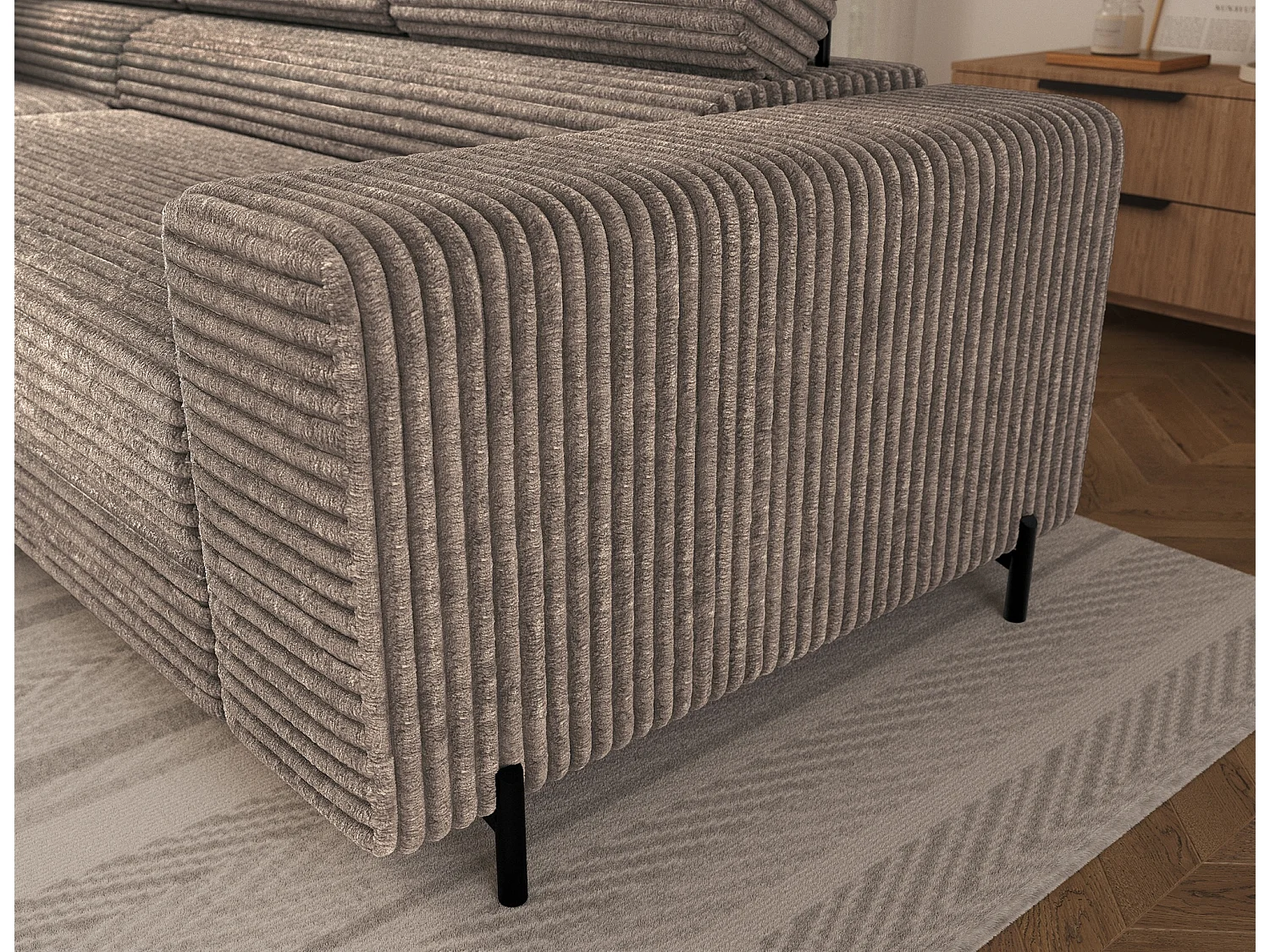 Canapé d’angle convertible KOLEZO en tissu côtelé avec coffre et têtières réglables – 274cm-Marron-angle gauche