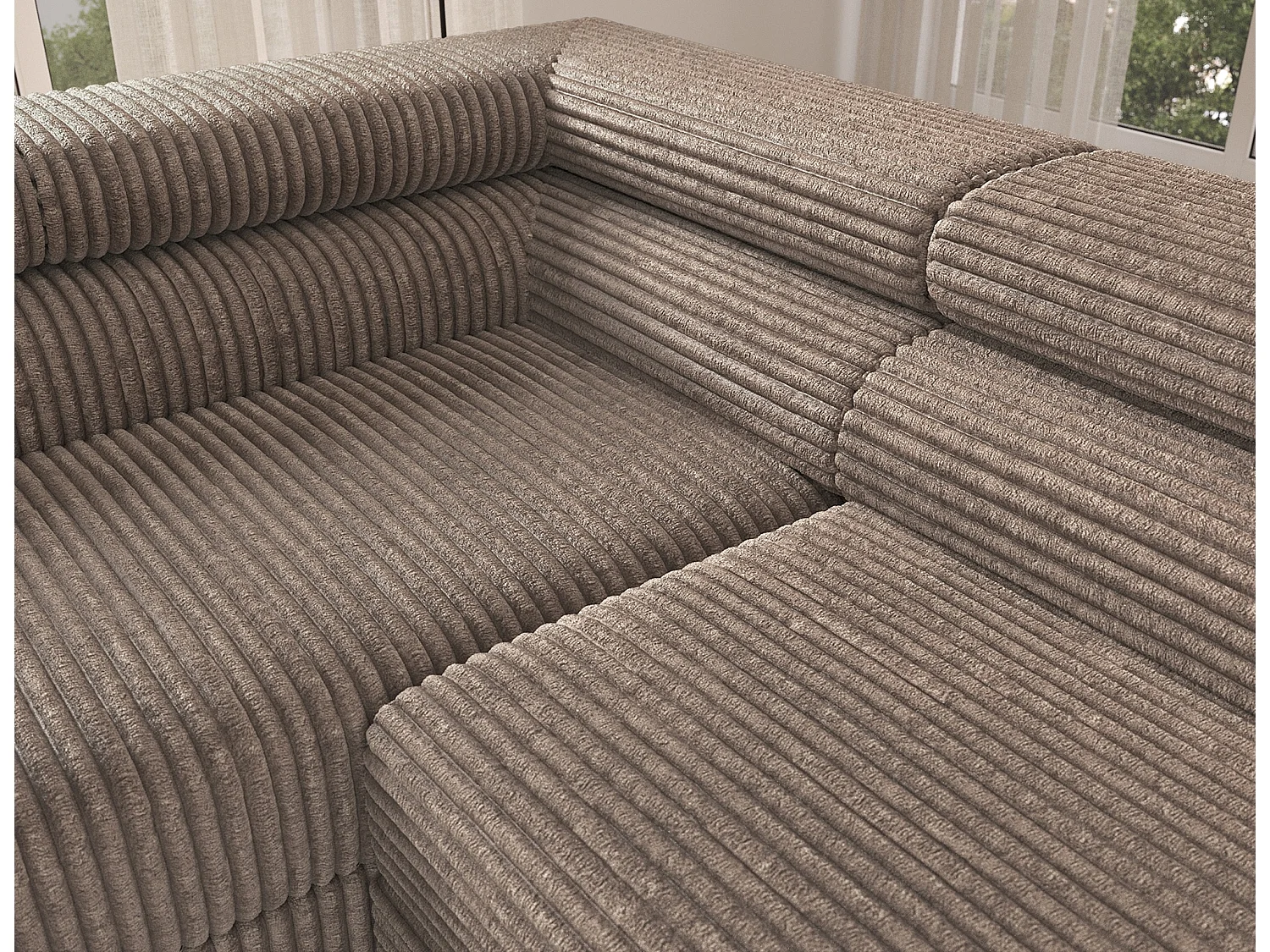 Canapé d’angle convertible KOLEZO en tissu côtelé avec coffre et têtières réglables – 274cm-Marron-angle gauche