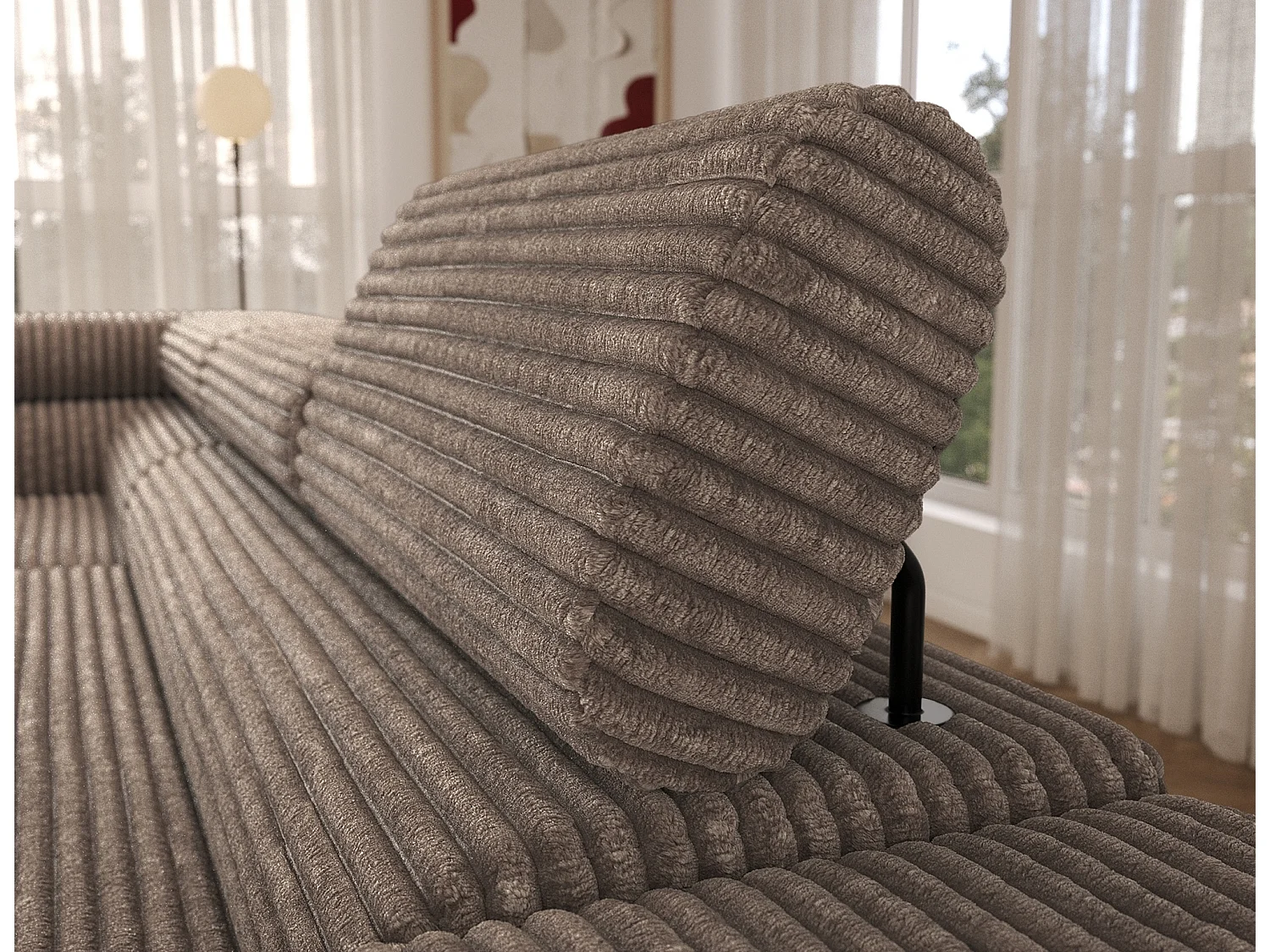 Canapé d’angle convertible KOLEZO en tissu côtelé avec coffre et têtières réglables – 274cm-Marron-angle gauche