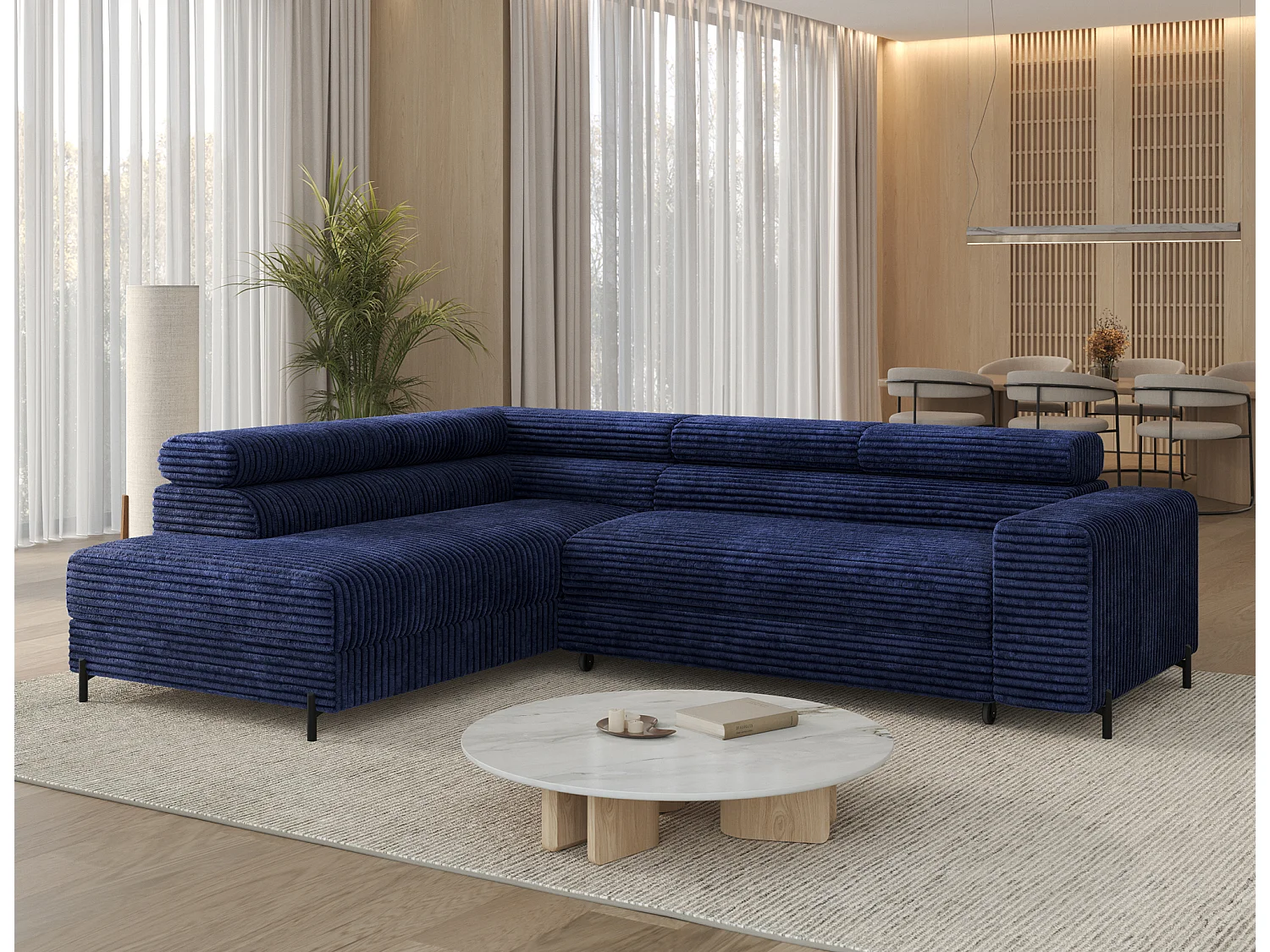 Canapé d’angle convertible KOLEZO en tissu côtelé avec coffre et têtières réglables – 274cm-Bleu-angle gauche