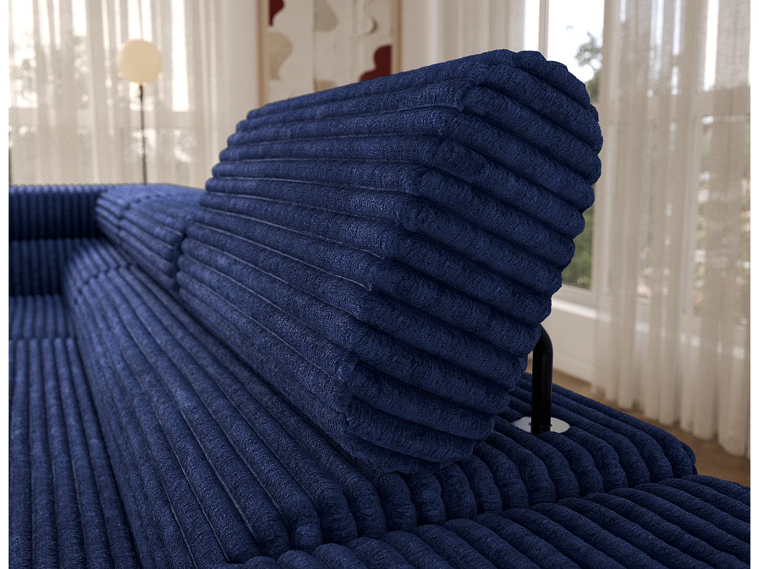 Canapé d’angle convertible KOLEZO en tissu côtelé avec coffre et têtières réglables – 274cm-Bleu-angle gauche