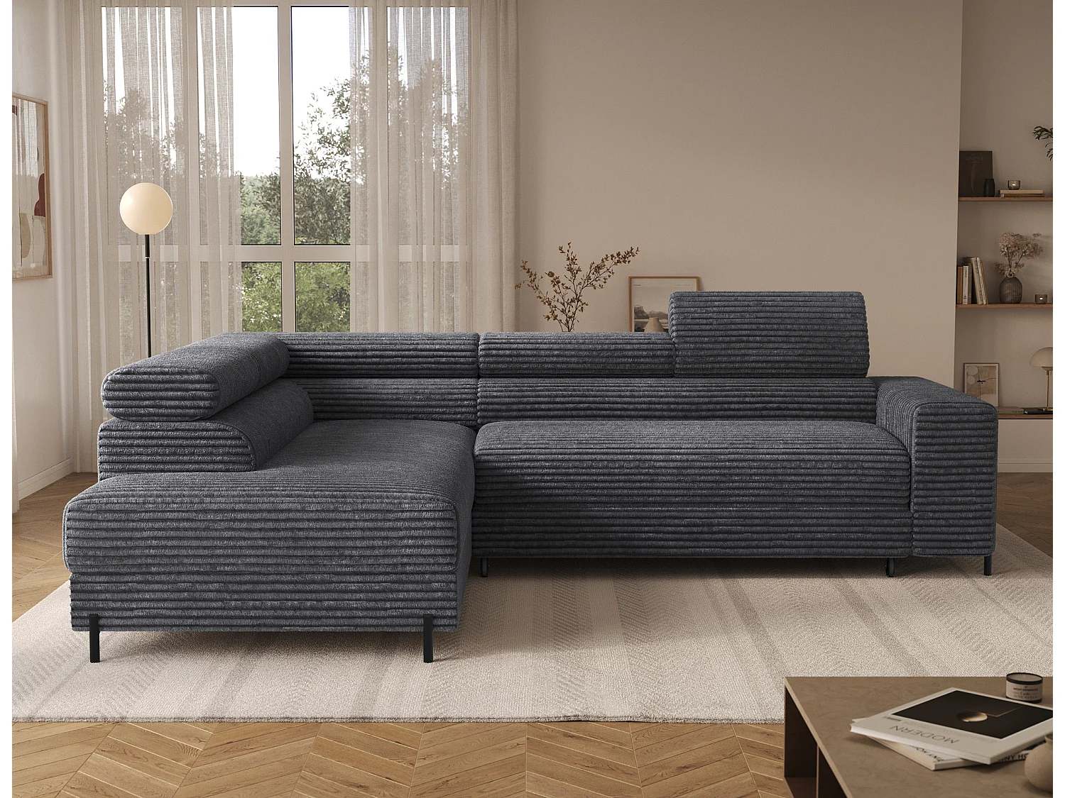Canapé d’angle convertible KOLEZO en tissu côtelé avec coffre et têtières réglables – 274cm-Gris-angle gauche