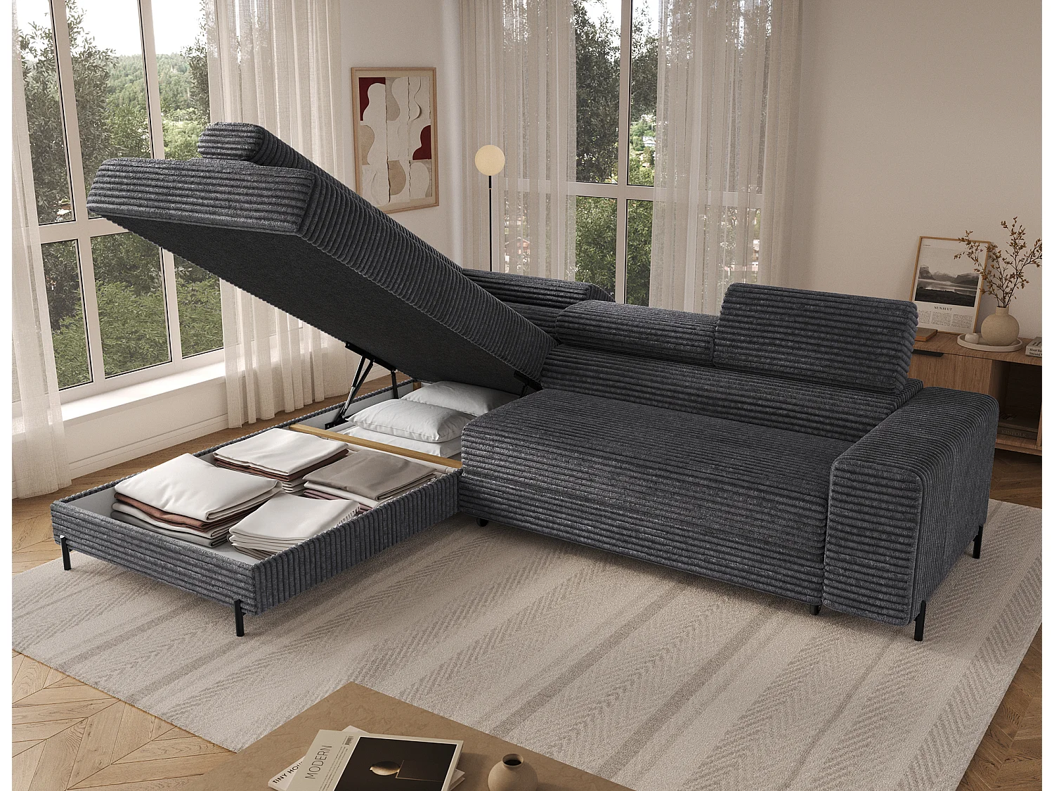 Canapé d’angle convertible KOLEZO en tissu côtelé avec coffre et têtières réglables – 274cm-Gris-angle gauche